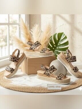 Leopard Print Espadrille Platform Wedge Sandals w/Flecks Of Irridescent